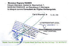 Die Vollmacht durch Simon Kimbangu Kiangani